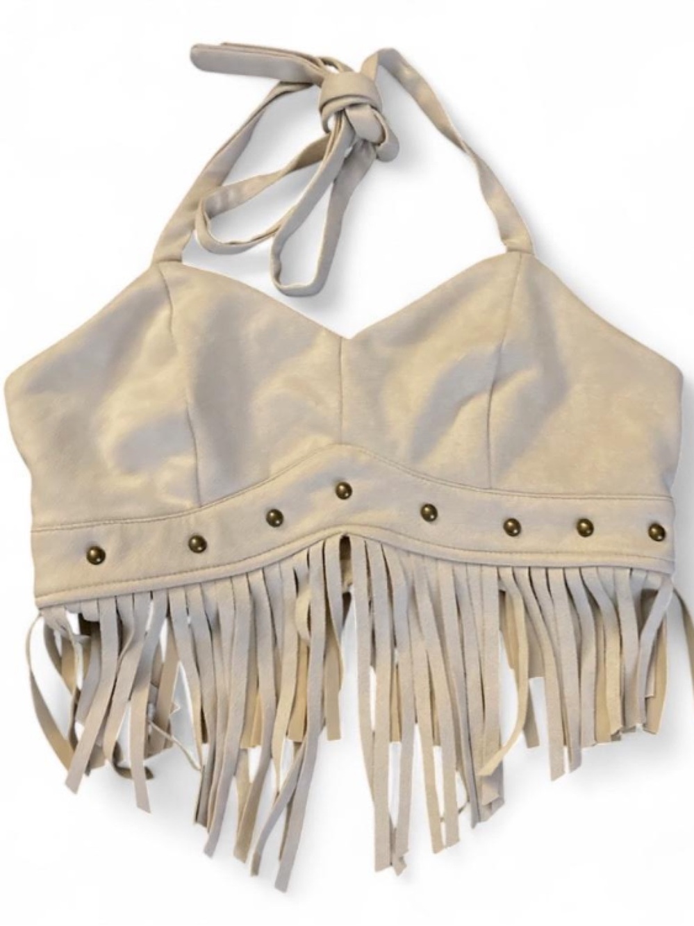 Fringe Halter Bikini Top in Light Beige